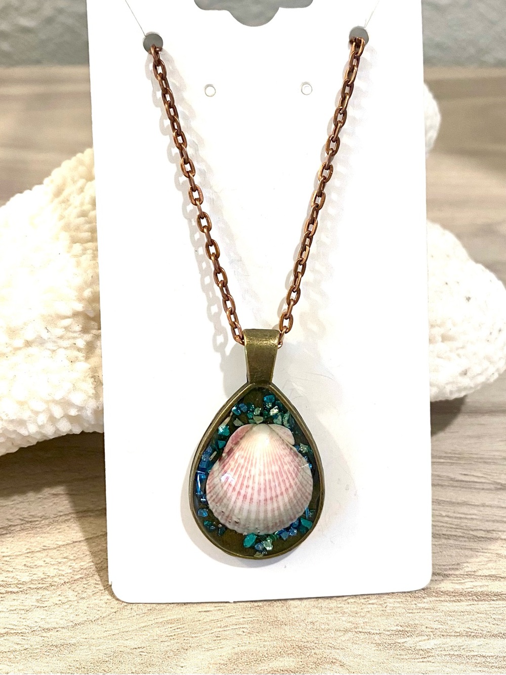 110. Scallop Shell Pendant Necklace from Sanibel island with sea glass glitter